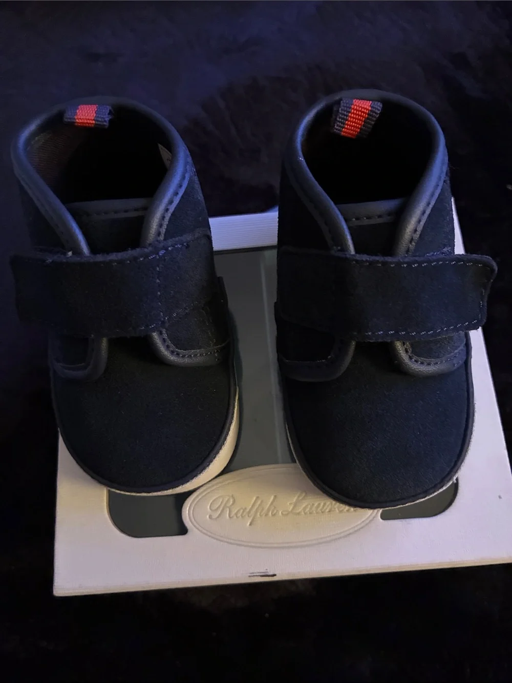 Ralph Lauren Navy Suede Baby Walker Sneakers with Ivory Sole Accent